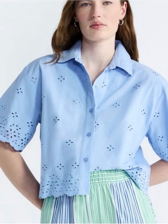 Free Assembly Tops - Blue Eyelet Cotton Button-Down Shirt